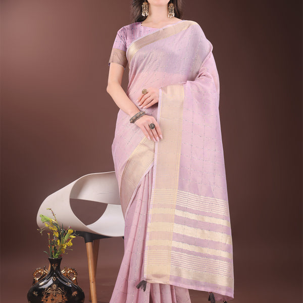 Astita Elegant Pink Organza Saree with Golden Zari Border & Designer Tassels | Lightweight Partywear Saree - Distacart