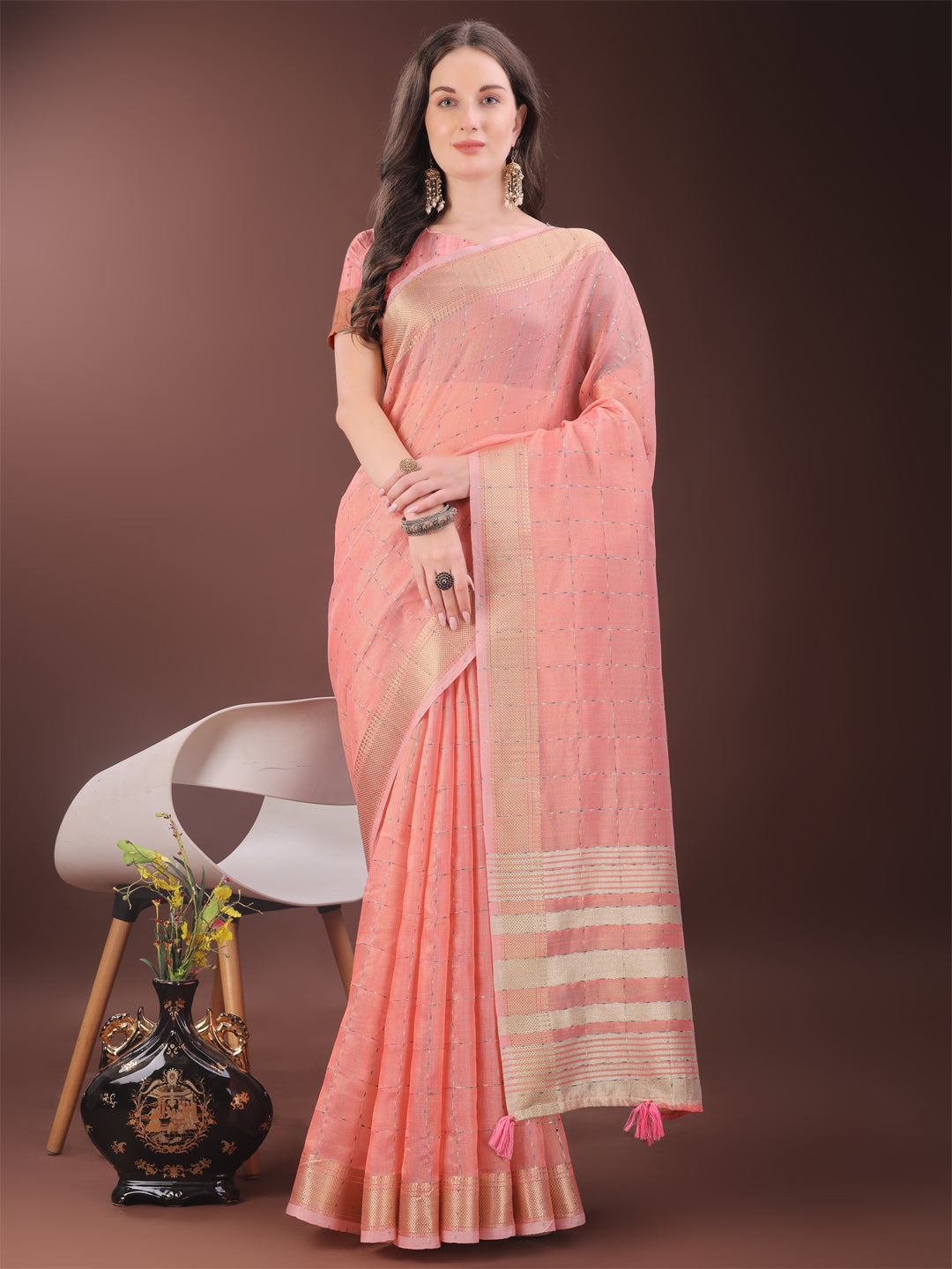 Astita Elegant Peach Organza Saree with Golden Zari Border & Designer Tassels | Lightweight Partywear Saree - Distacart