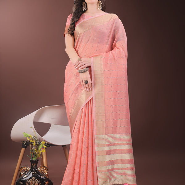 Astita Elegant Peach Organza Saree with Golden Zari Border & Designer Tassels | Lightweight Partywear Saree - Distacart