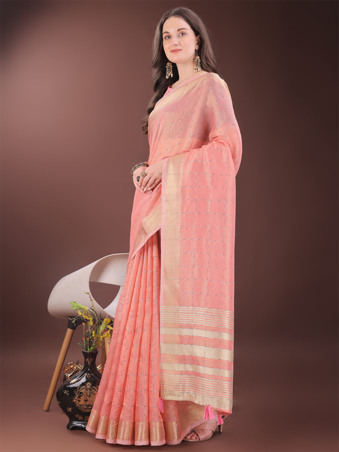 Astita Elegant Peach Organza Saree with Golden Zari Border & Designer Tassels | Lightweight Partywear Saree - Distacart
