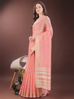 Thumbnail for Astita Elegant Peach Organza Saree with Golden Zari Border & Designer Tassels | Lightweight Partywear Saree - Distacart