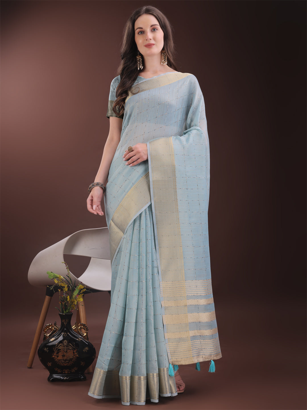 Astita Elegant Sky Blue Organza Saree with Golden Zari Border & Designer Tassels | Lightweight Partywear Saree - Distacart