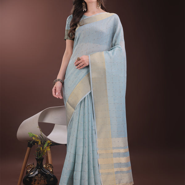 Astita Elegant Sky Blue Organza Saree with Golden Zari Border & Designer Tassels | Lightweight Partywear Saree - Distacart