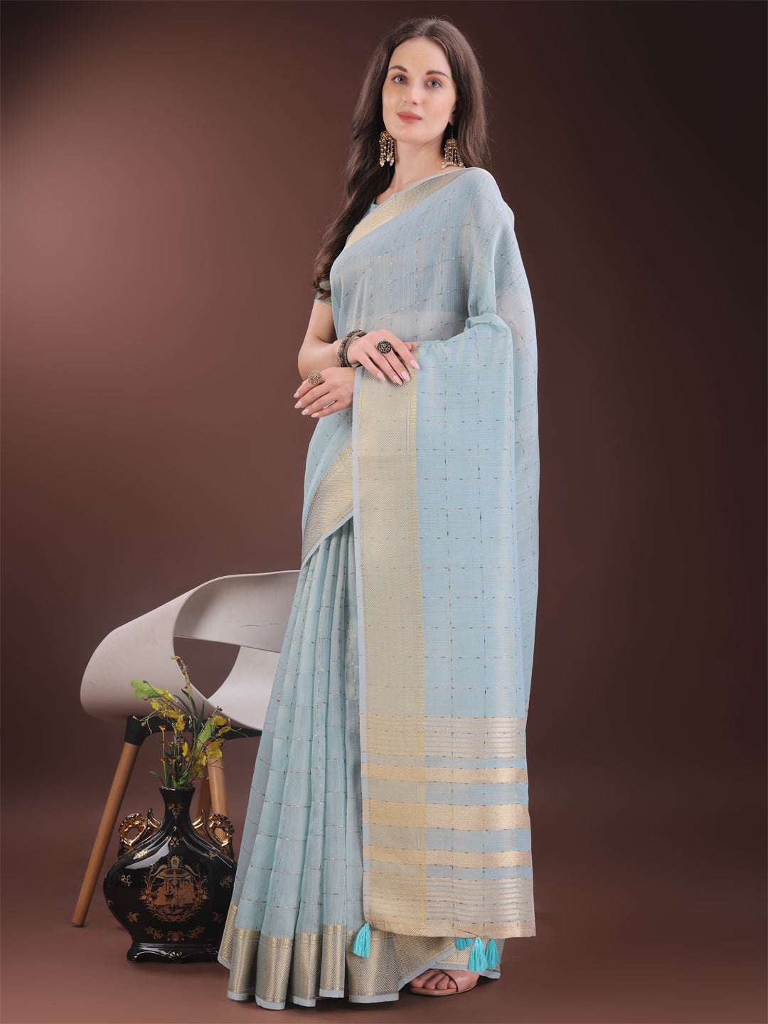 Astita Elegant Sky Blue Organza Saree with Golden Zari Border & Designer Tassels | Lightweight Partywear Saree - Distacart