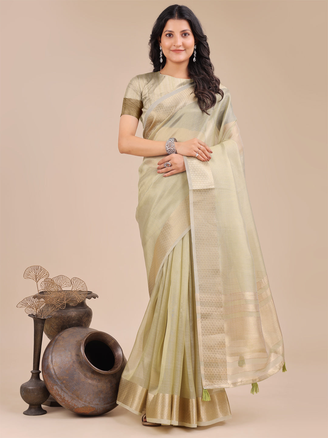 Astita Light Green Organza Woven Zari Work Traditional Tassel Saree - Distacart