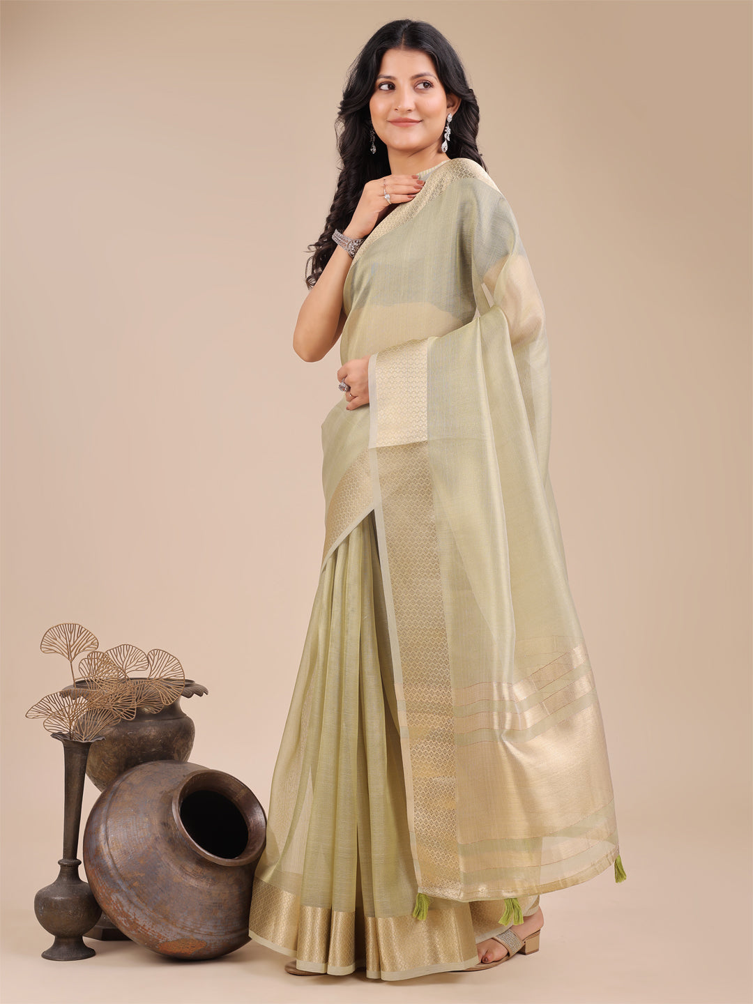 Astita Light Green Organza Woven Zari Work Traditional Tassel Saree - Distacart