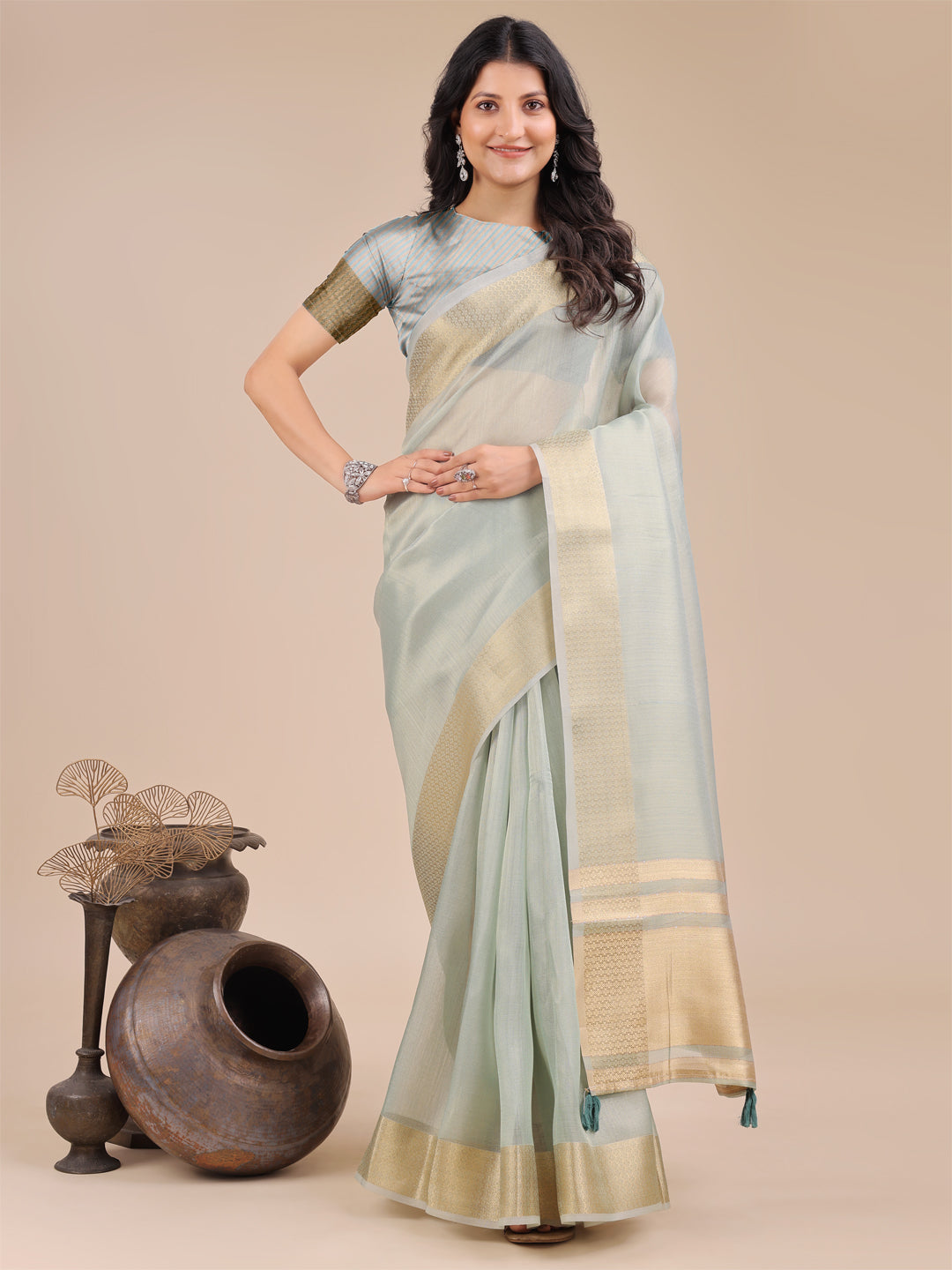 Astita Sea Green Organza Woven Zari Work Traditional Tassel Saree - Distacart
