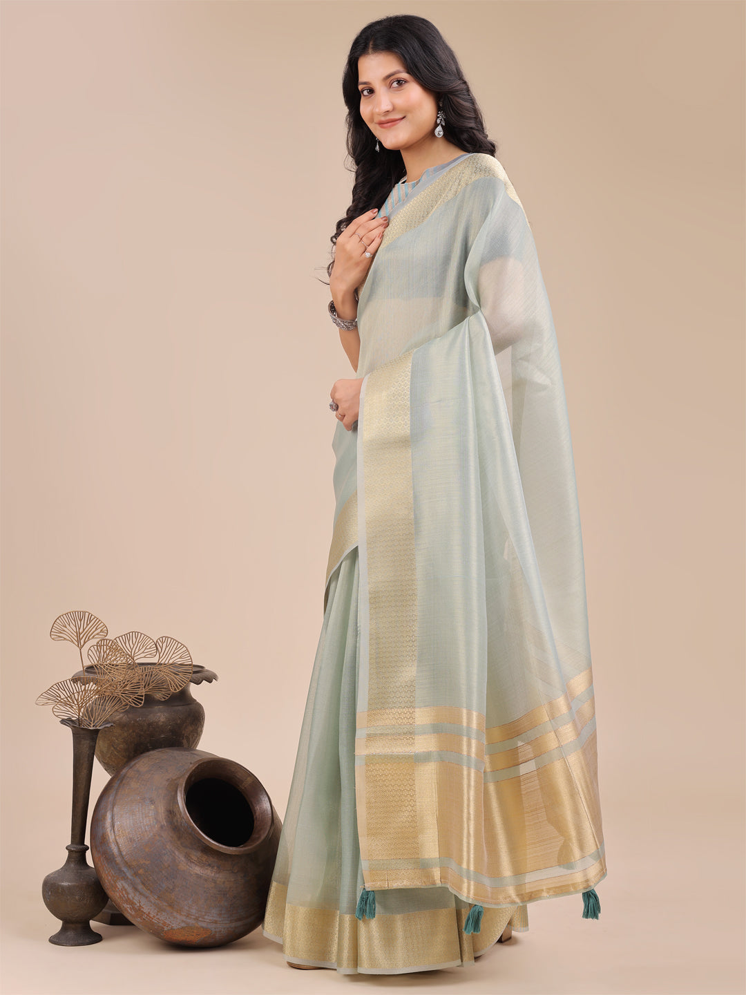 Astita Sea Green Organza Woven Zari Work Traditional Tassel Saree - Distacart