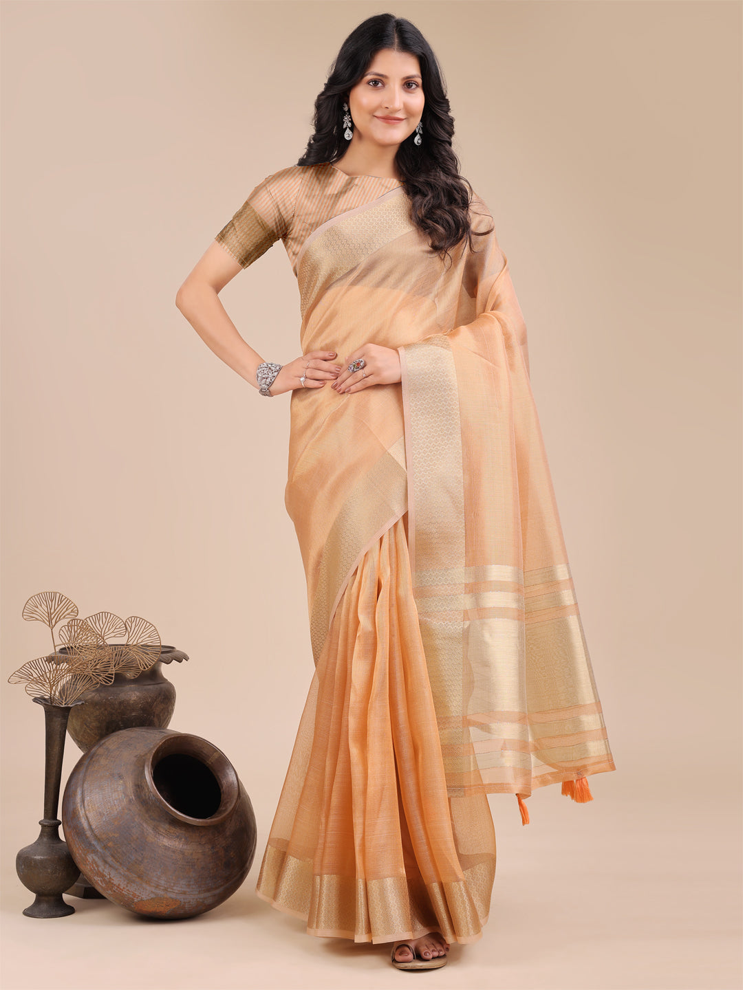Astita Orange Organza Woven Zari Work Traditional Tassel Saree - Distacart