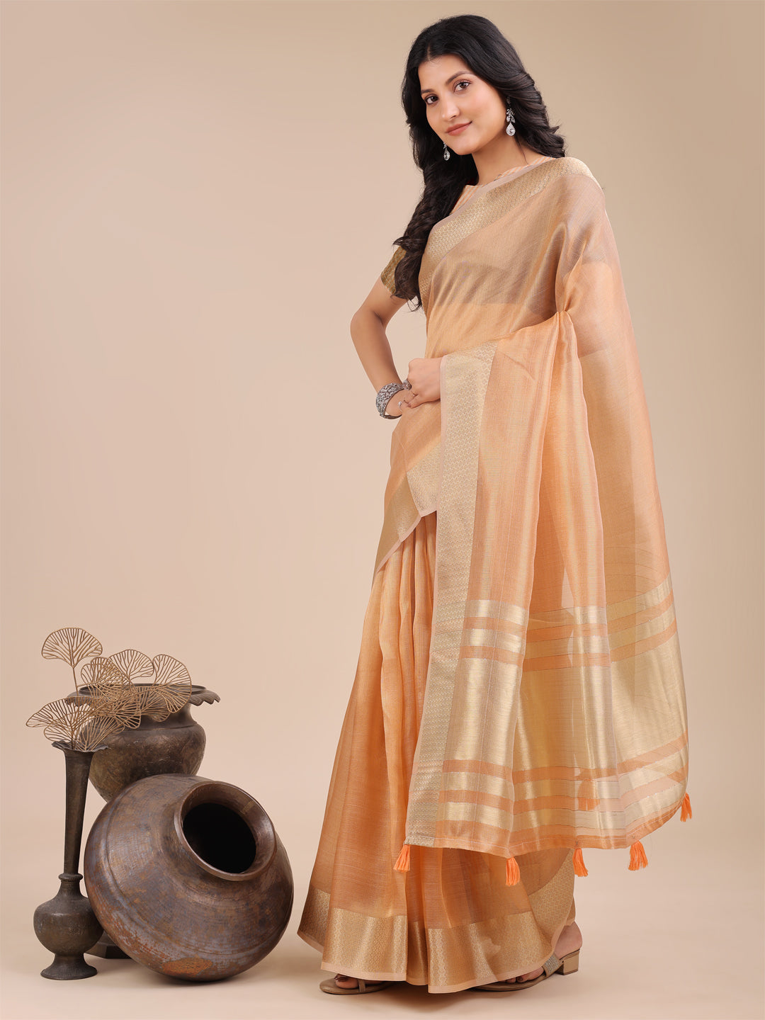 Astita Orange Organza Woven Zari Work Traditional Tassel Saree - Distacart