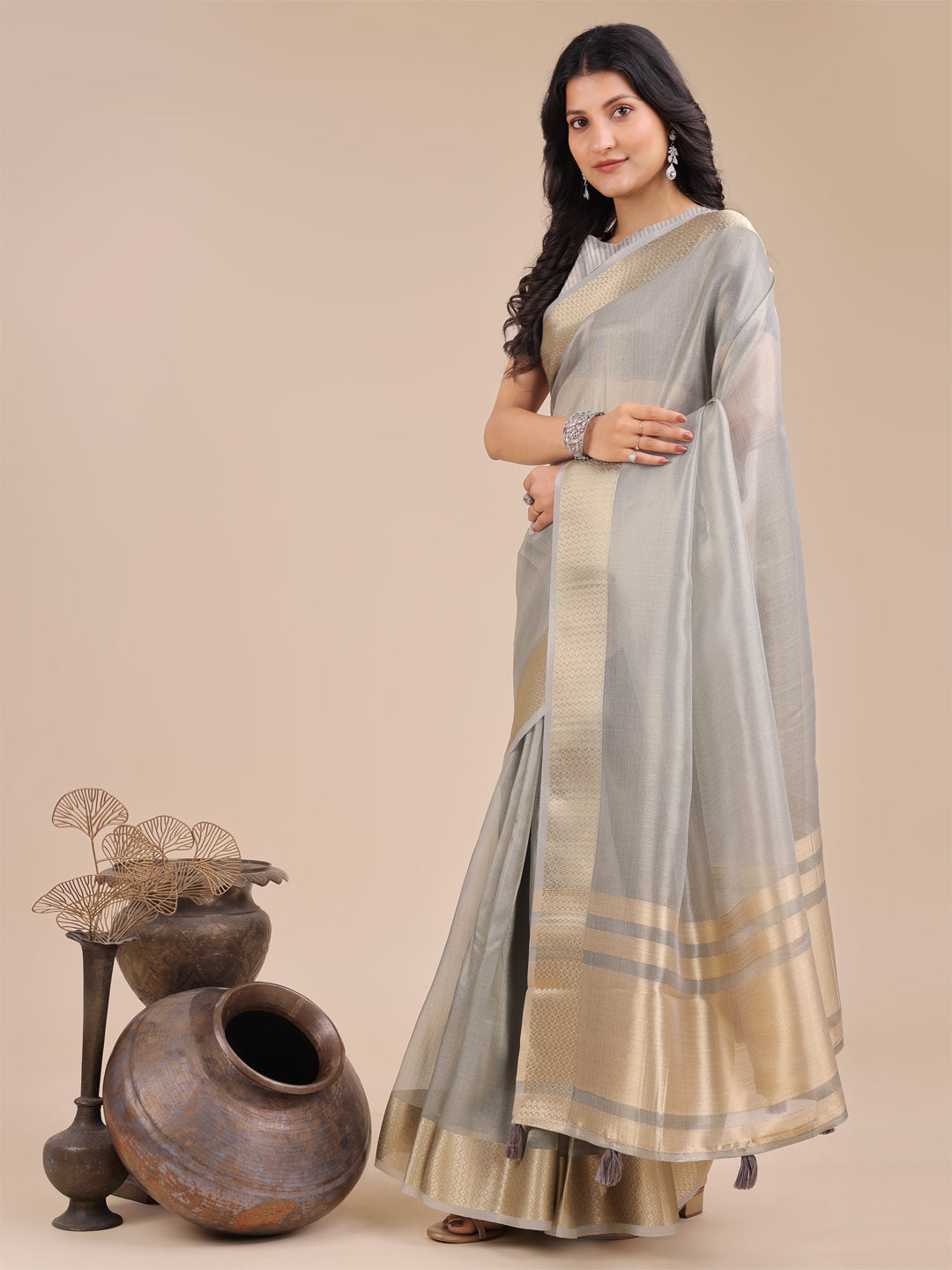 Astita Grey Organza Woven Zari Work Traditional Tassel Saree - Distacart