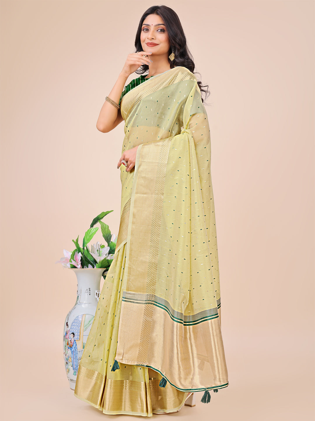 Astita Light Green Gold Organza Silk Saree - Lightweight Luxury for Your Ethnic Moments - Distacart