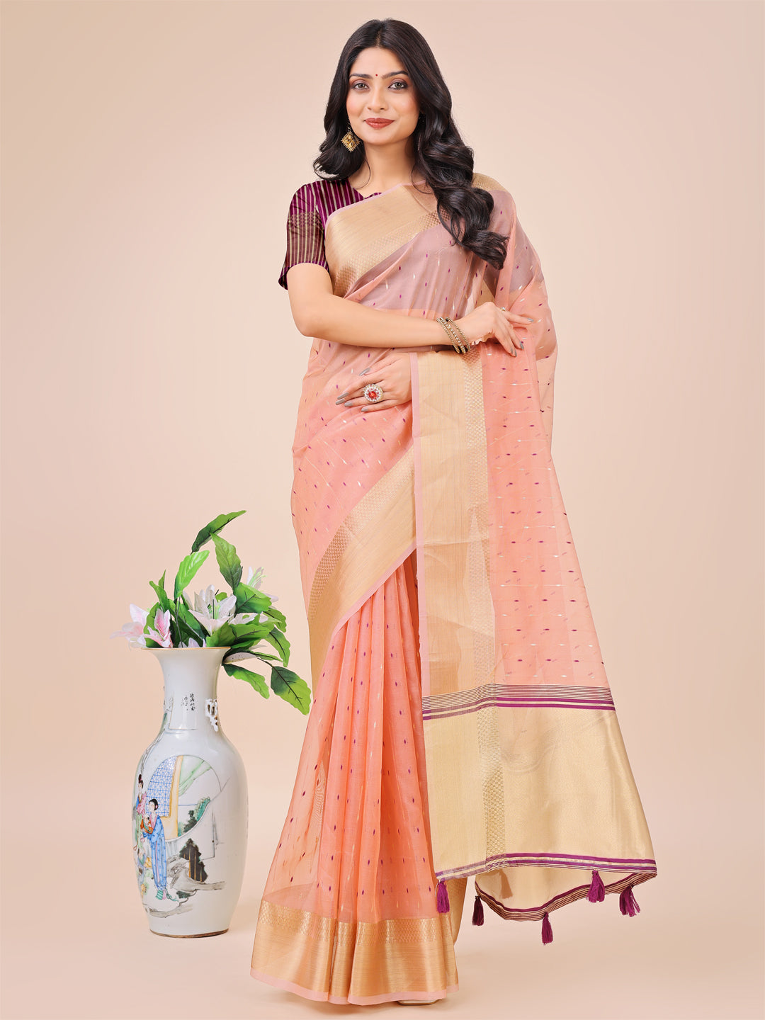 Astita Light Pink Gold Organza Silk Saree - Lightweight Luxury for Your Ethnic Moments - Distacart
