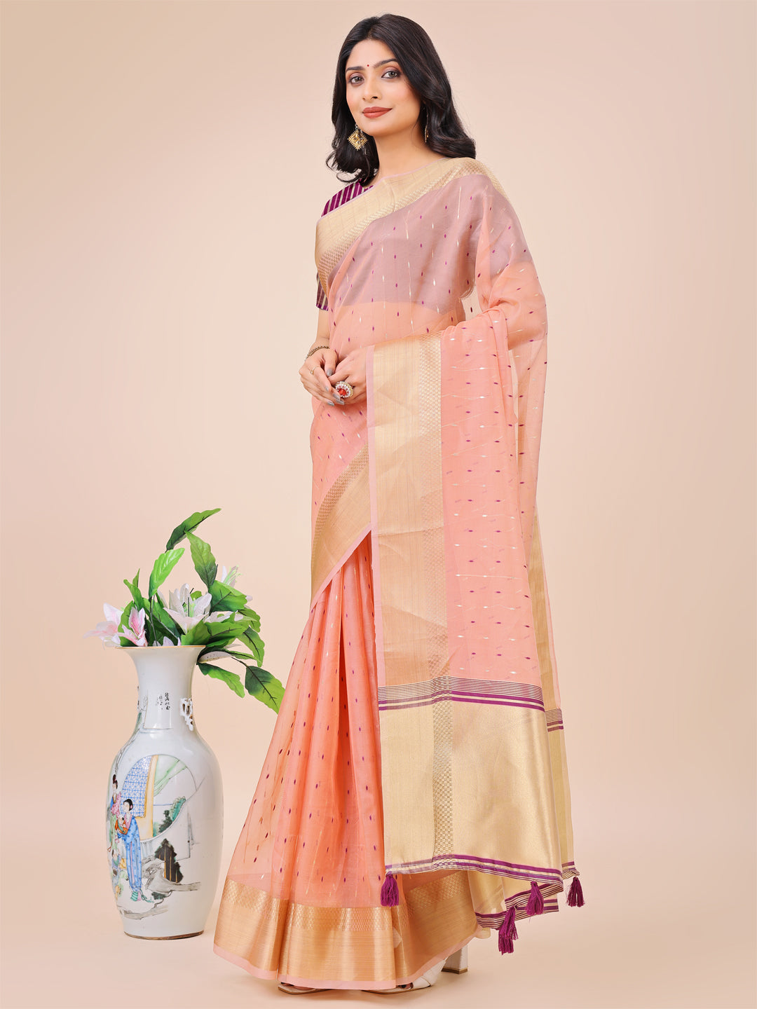 Astita Light Pink Gold Organza Silk Saree - Lightweight Luxury for Your Ethnic Moments - Distacart