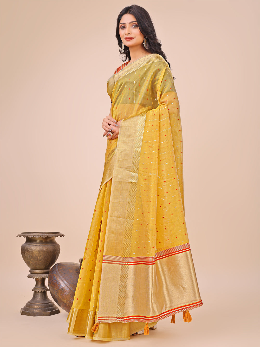 Astita Yellow Gold Organza Silk Saree - Lightweight Luxury for Your Ethnic Moments - Distacart