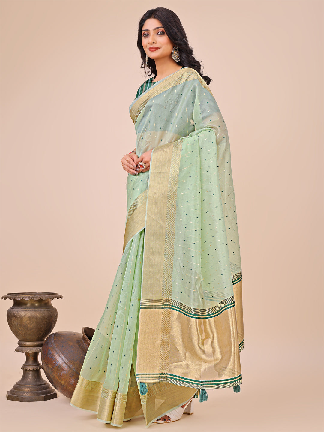 Astita Olive Green Gold Organza Silk Saree - Lightweight Luxury for Your Ethnic Moments - Distacart