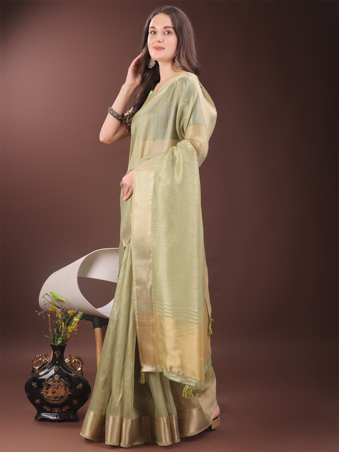 Astita Elegant Gold Mint Green Organza Saree with Zari Border | Party Wear Lightweight Saree with Blouse for Women - Distacart