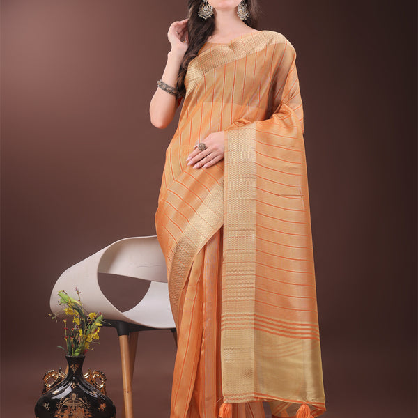 Astita Elegant Gold Orange Organza Saree with Zari Border | Party Wear Lightweight Saree with Blouse for Women - Distacart