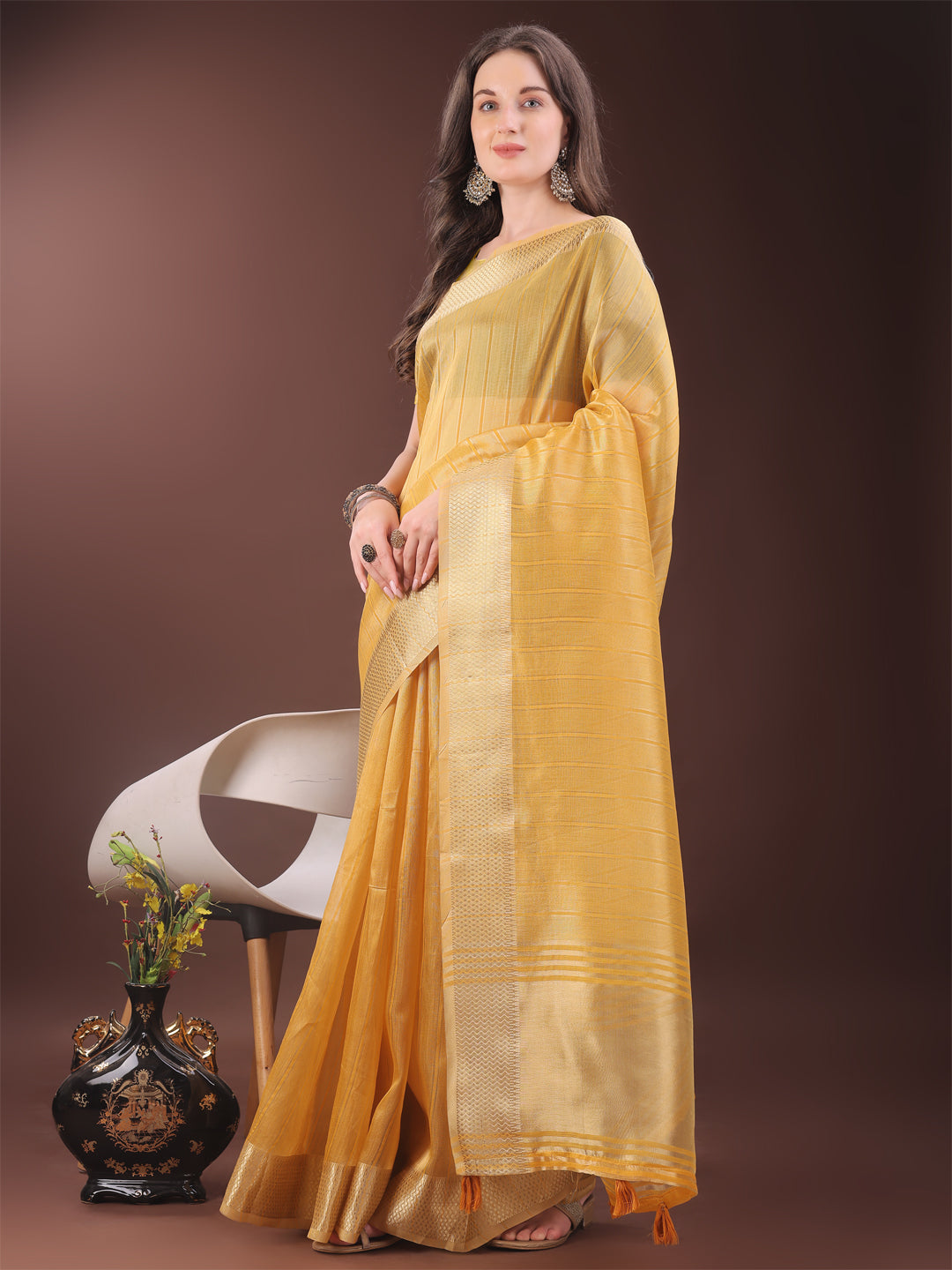 Astita Elegant Gold Mustard Organza Saree with Zari Border | Party Wear Lightweight Saree with Blouse for Women - Distacart