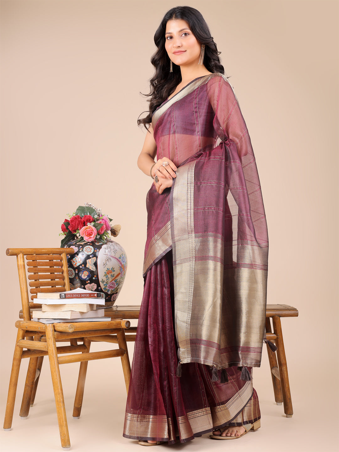 Astita Purple Organza Woven Zari Work Traditional Tassel Saree - Distacart