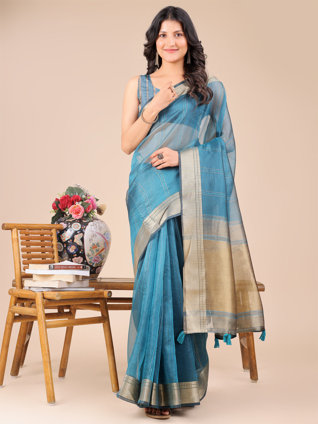 Astita Sea Green Organza Woven Zari Work Traditional Tassel Saree - Distacart