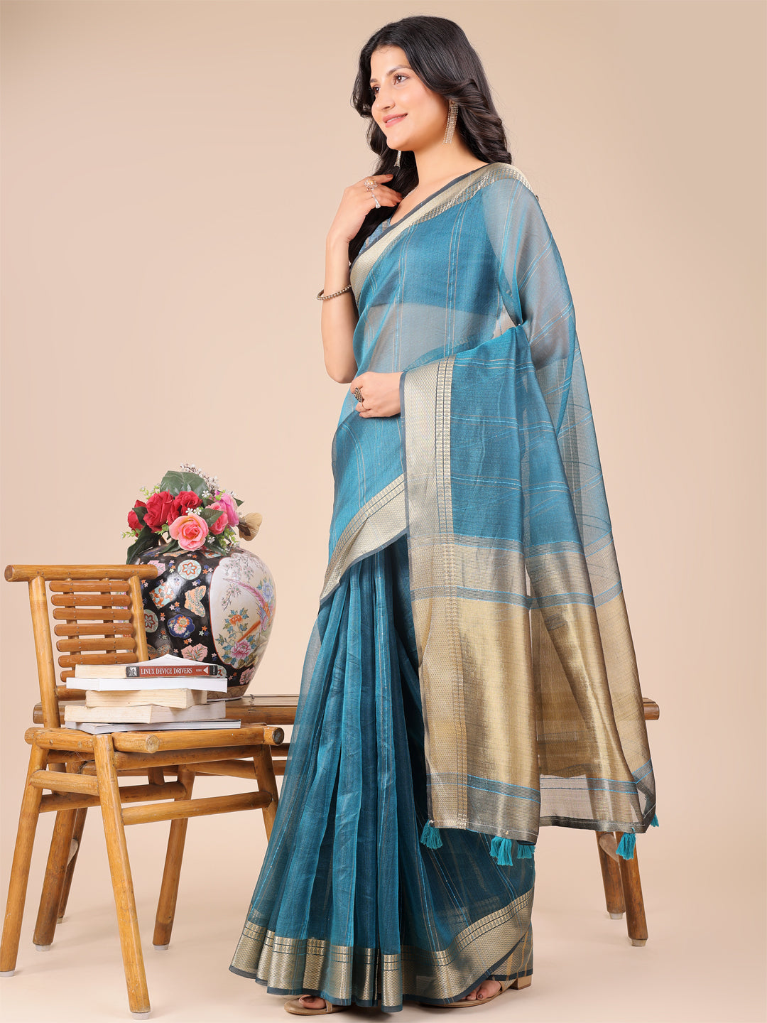Astita Sea Green Organza Woven Zari Work Traditional Tassel Saree - Distacart