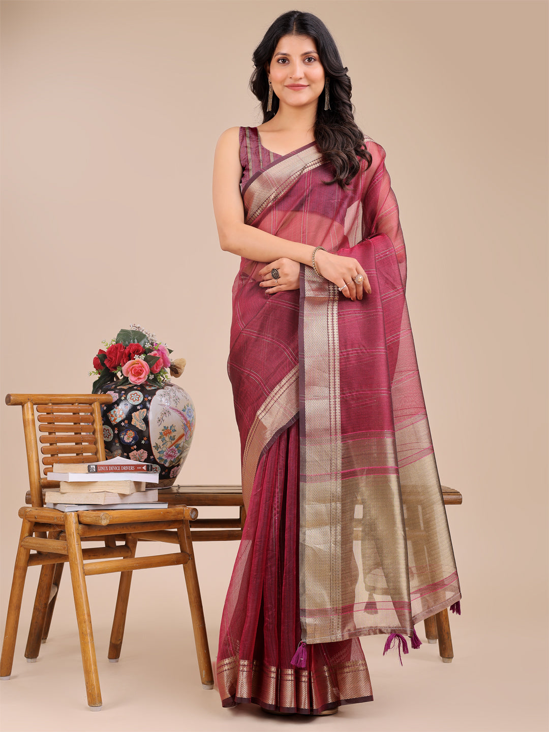 Astita Magenta Organza Woven Zari Work Traditional Tassel Saree - Distacart