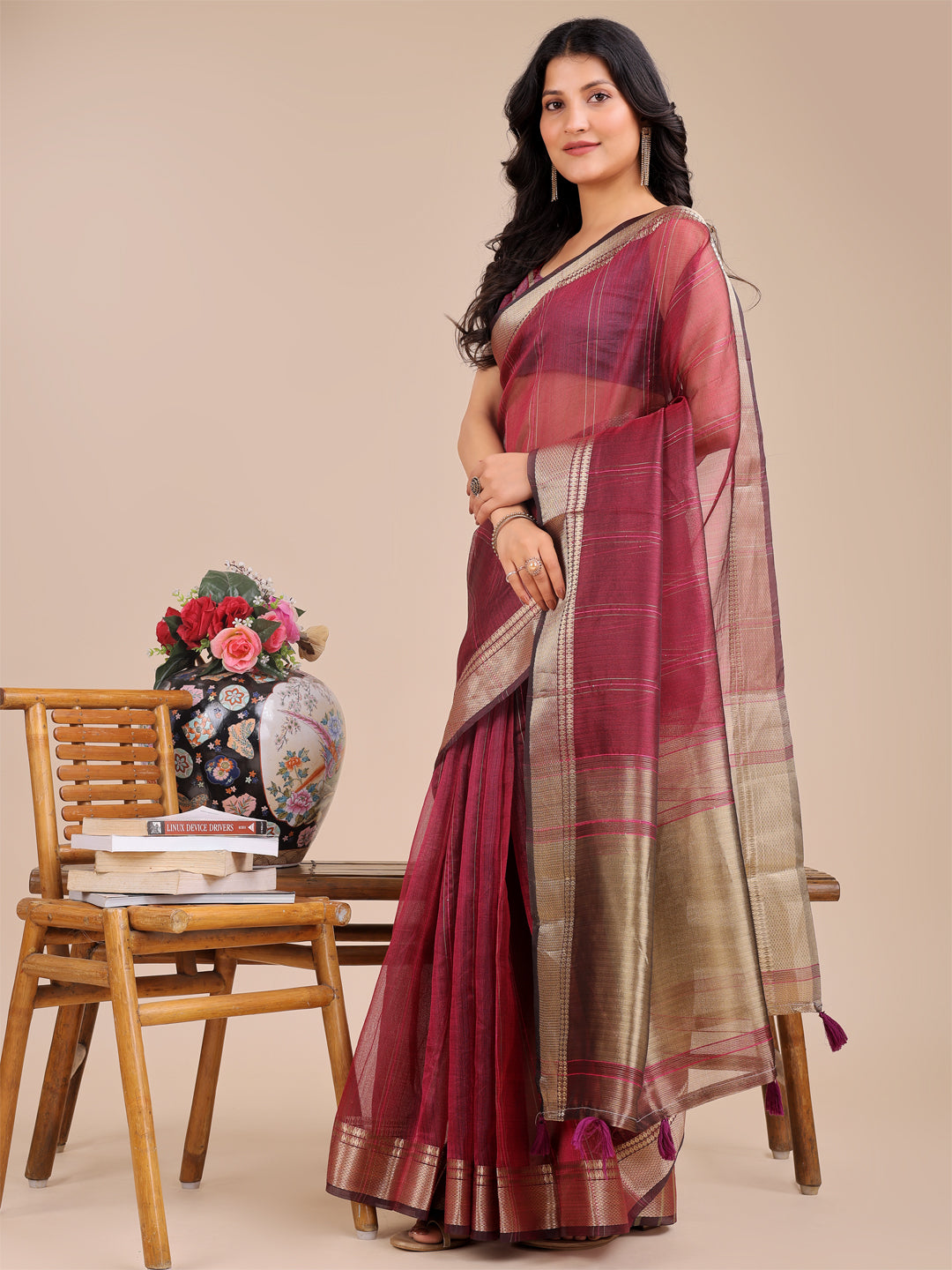 Astita Magenta Organza Woven Zari Work Traditional Tassel Saree - Distacart
