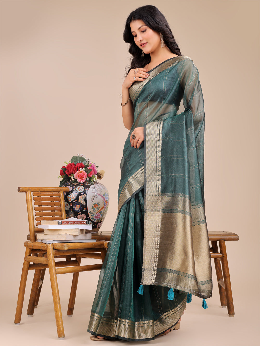 Astita Dark Green Organza Woven Zari Work Traditional Tassel Saree - Distacart