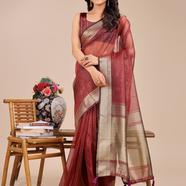 Astita Maroon Organza Woven Zari Work Traditional Tassel Saree - Distacart