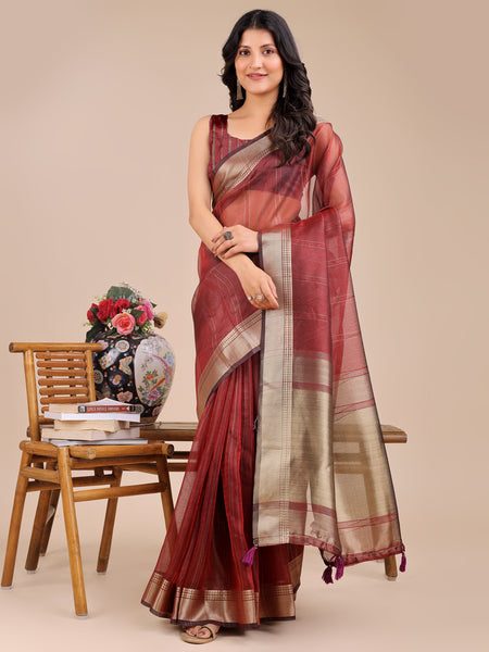 Astita Maroon Organza Woven Zari Work Traditional Tassel Saree - Distacart