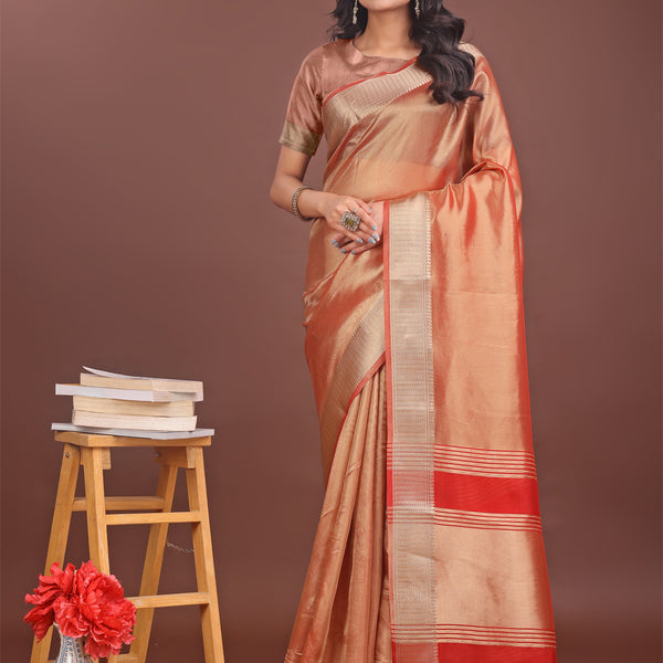 Astita Elegant Orange & Red Organza Saree with Rich Zari Border & Pallu Tassels | Premium Partywear Saree for Women - Distacart