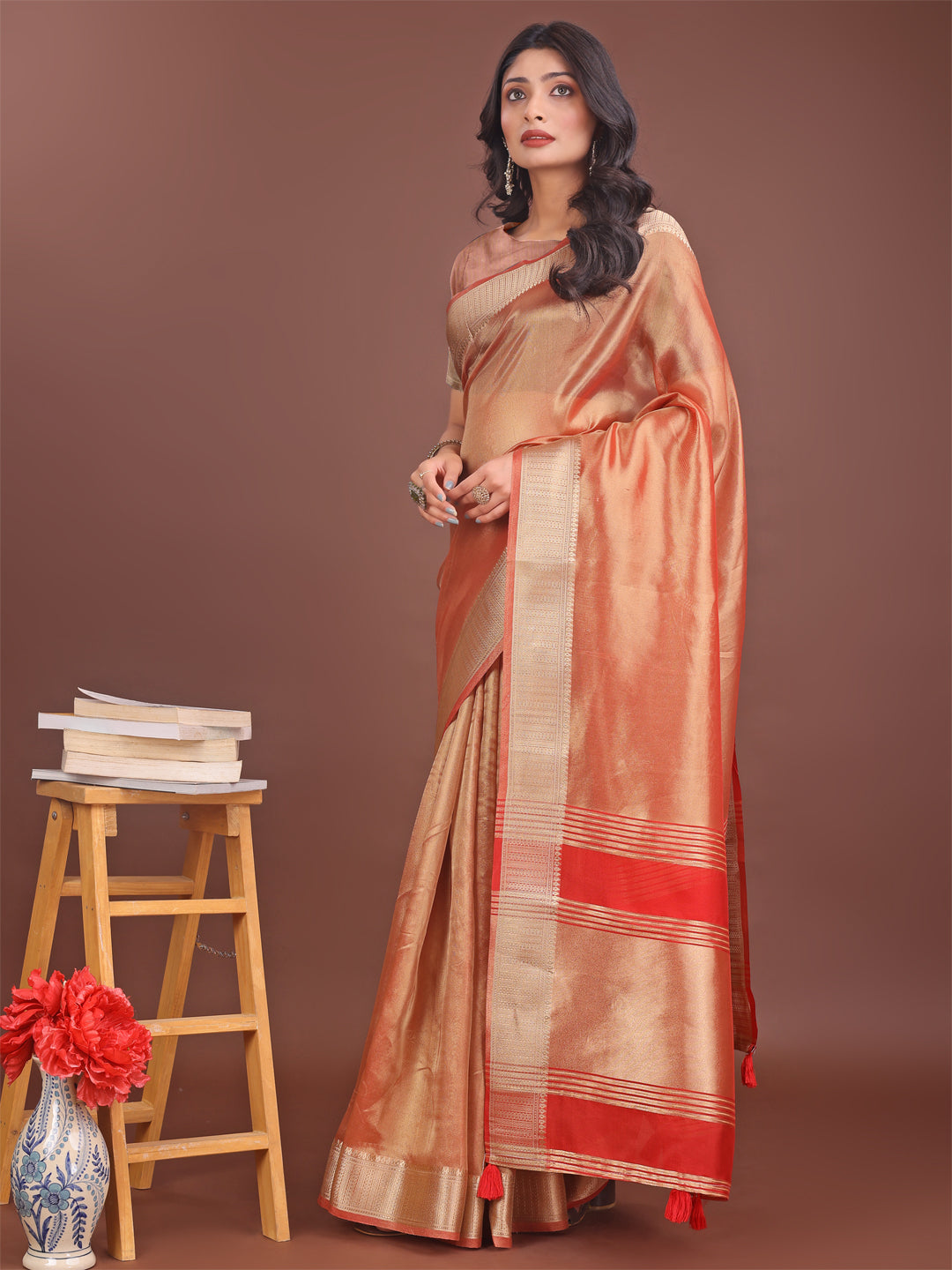 Astita Elegant Orange & Red Organza Saree with Rich Zari Border & Pallu Tassels | Premium Partywear Saree for Women - Distacart