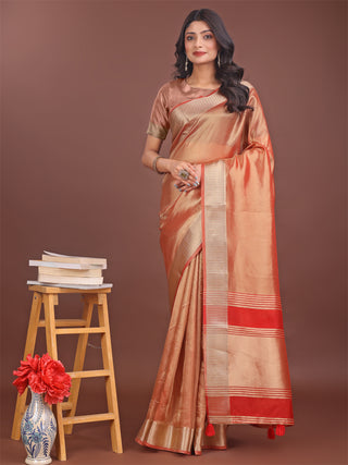 Astita Elegant Orange & Red Organza Saree with Rich Zari Border & Pallu Tassels | Premium Partywear Saree for Women - Distacart