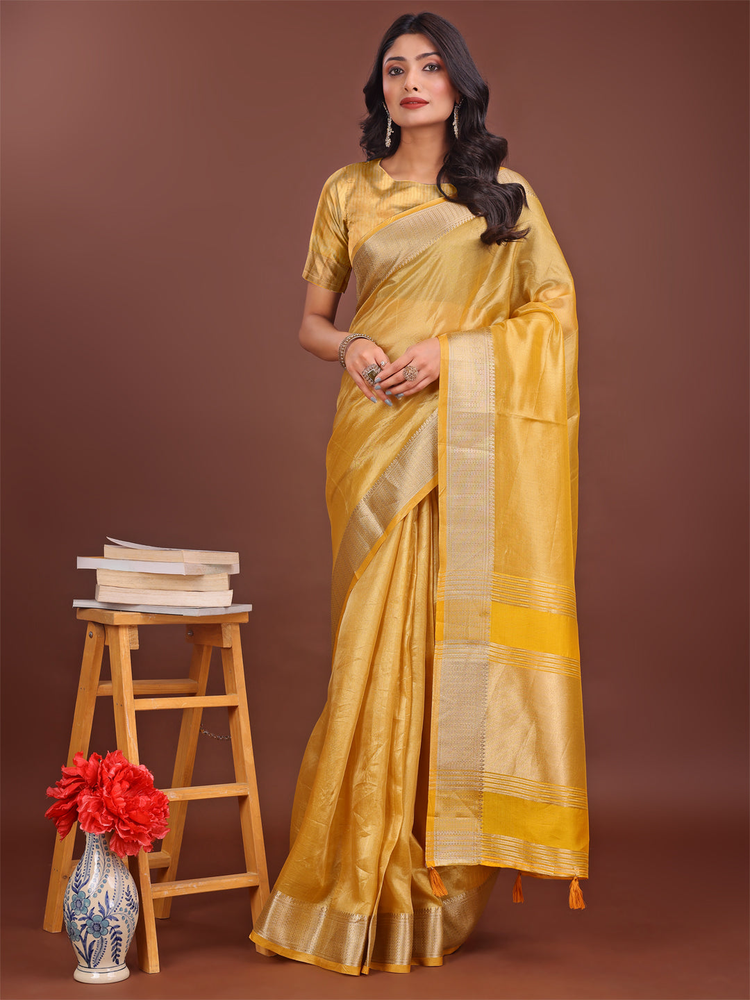 Astita Elegant Yellow & Yellow Organza Saree with Rich Zari Border & Pallu Tassels | Premium Partywear Saree for Women - Distacart