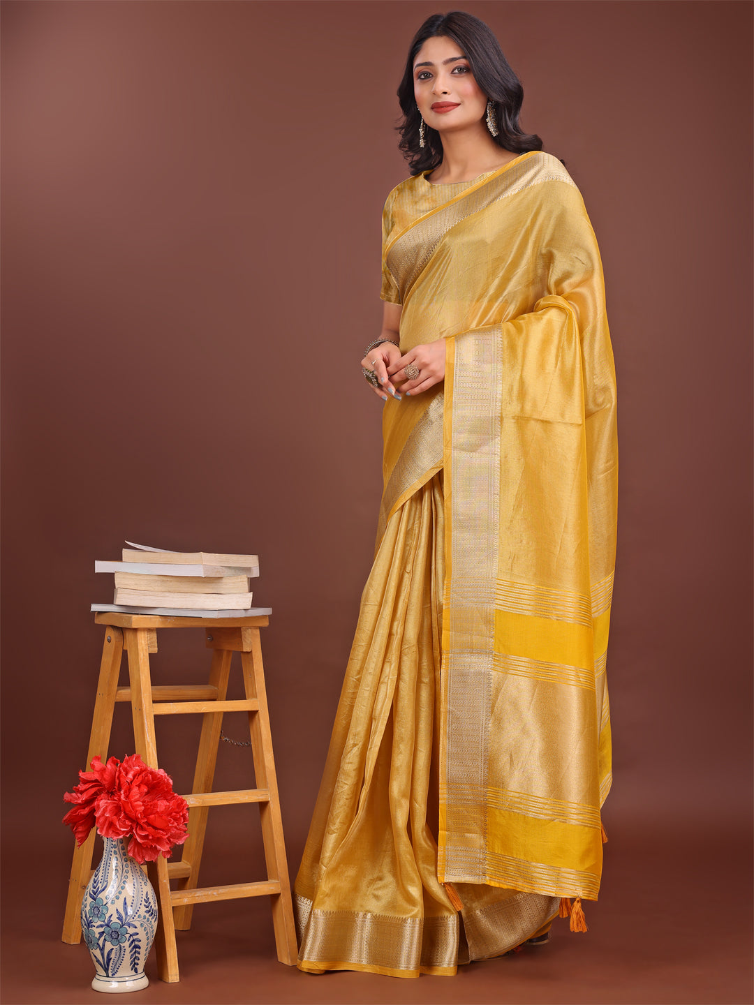 Astita Elegant Yellow & Yellow Organza Saree with Rich Zari Border & Pallu Tassels | Premium Partywear Saree for Women - Distacart