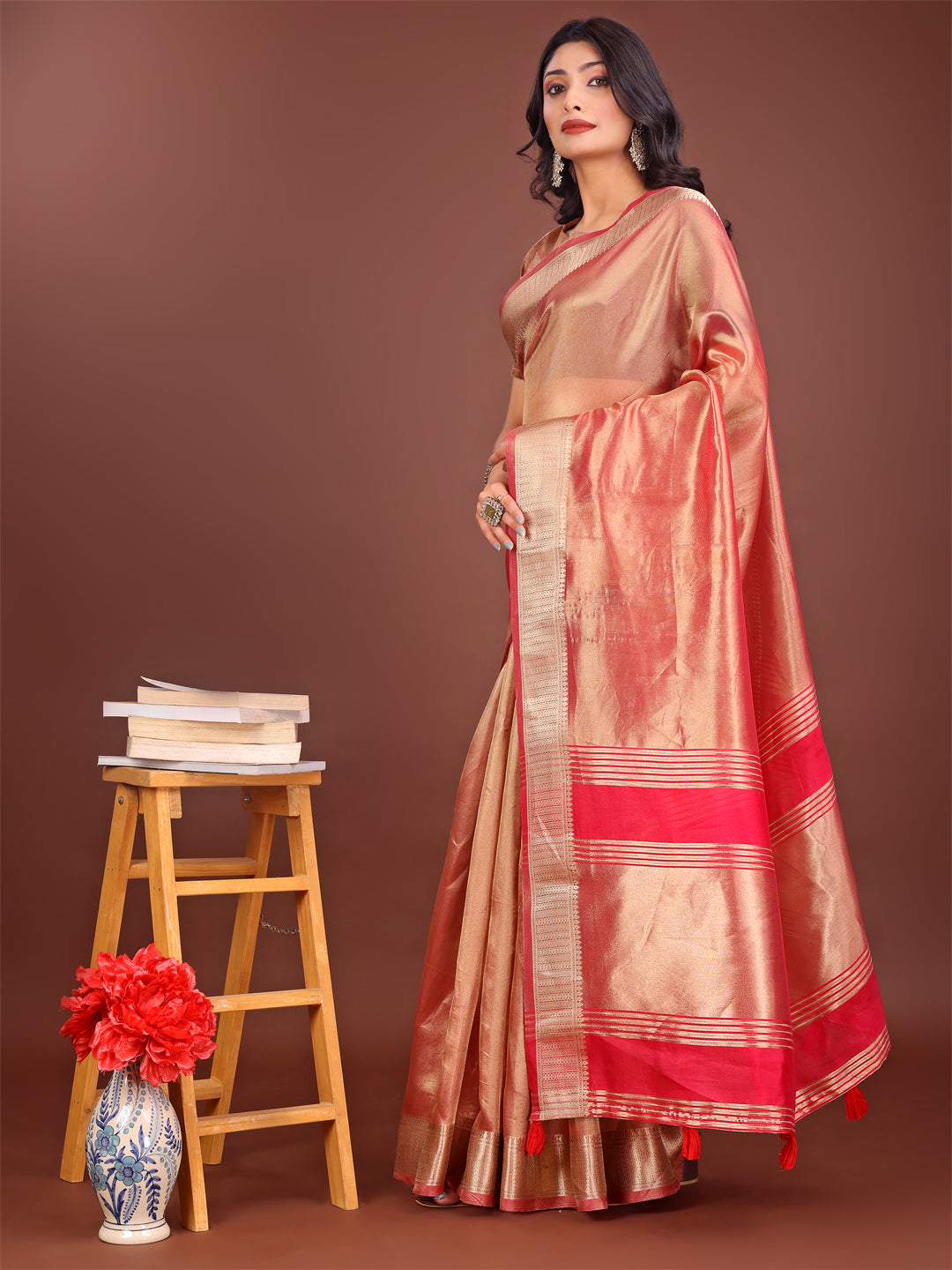 Astita Elegant Orange & Pink Organza Saree with Rich Zari Border & Pallu Tassels | Premium Partywear Saree for Women - Distacart