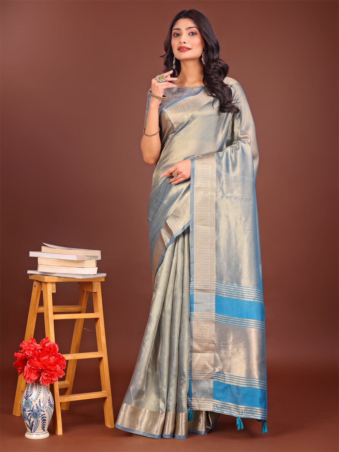 Astita Elegant Grey & Sky Blue Organza Saree with Rich Zari Border & Pallu Tassels | Premium Partywear Saree for Women - Distacart