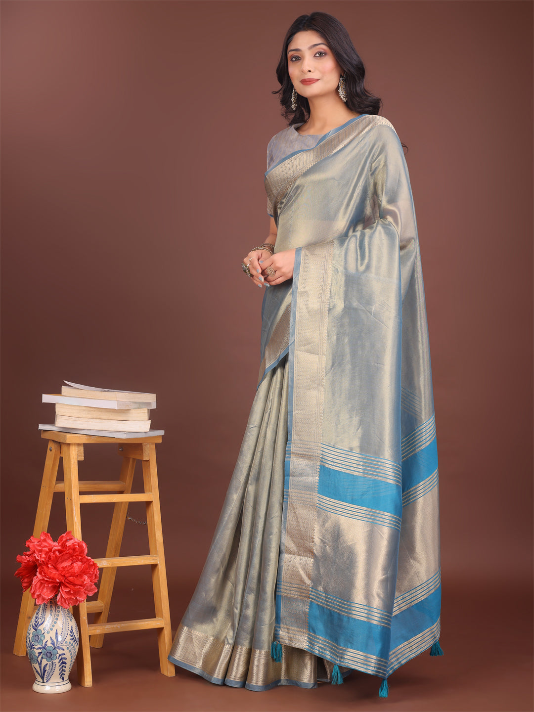 Astita Elegant Grey & Sky Blue Organza Saree with Rich Zari Border & Pallu Tassels | Premium Partywear Saree for Women - Distacart