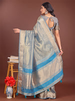 Thumbnail for Astita Elegant Grey & Sky Blue Organza Saree with Rich Zari Border & Pallu Tassels | Premium Partywear Saree for Women