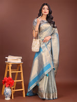 Thumbnail for Astita Elegant Grey & Sky Blue Organza Saree with Rich Zari Border & Pallu Tassels | Premium Partywear Saree for Women