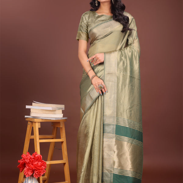 Astita Elegant Light Green & Green Organza Saree with Rich Zari Border & Pallu Tassels | Premium Partywear Saree for Women - Distacart