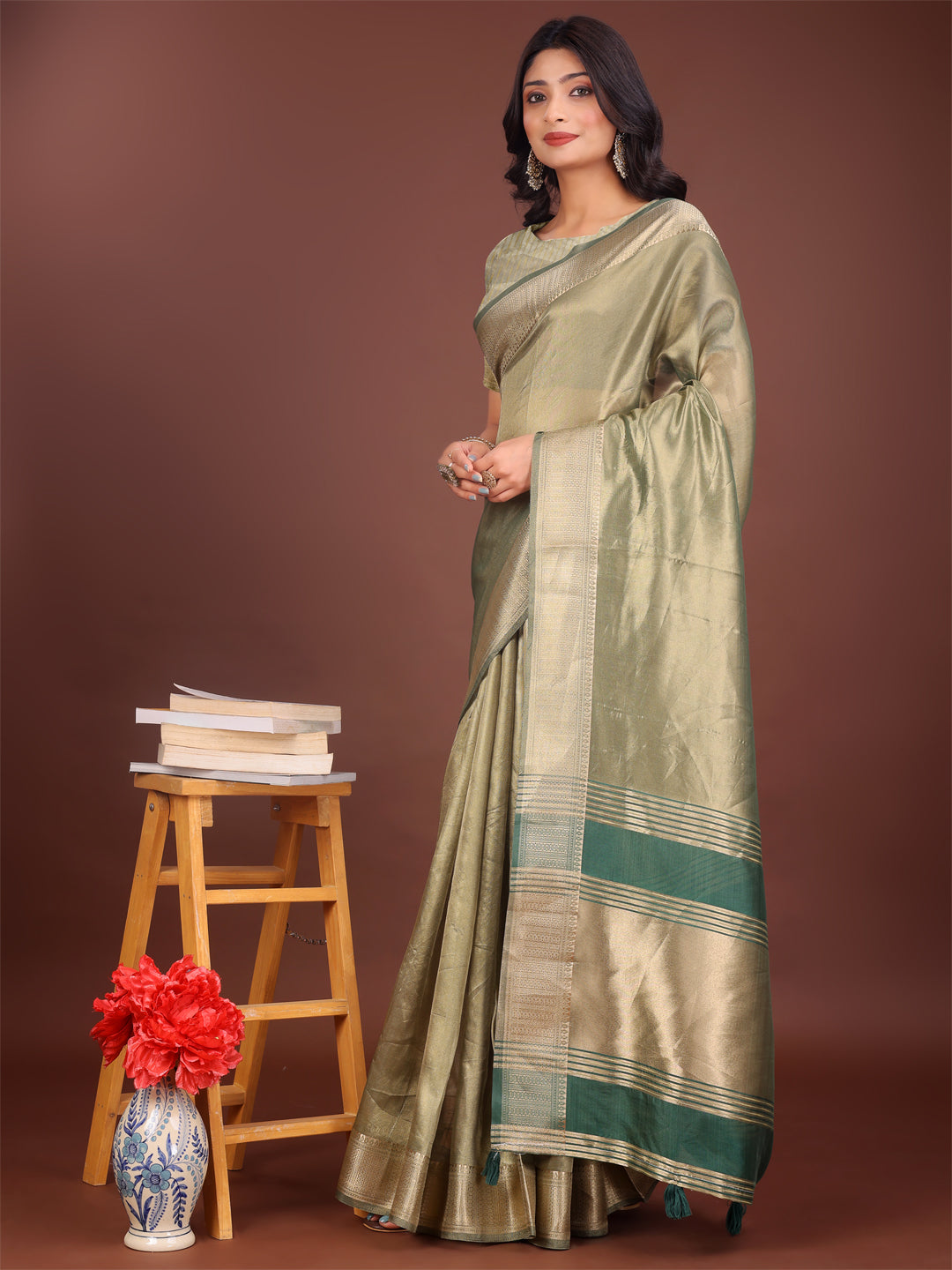 Astita Elegant Light Green & Green Organza Saree with Rich Zari Border & Pallu Tassels | Premium Partywear Saree for Women - Distacart