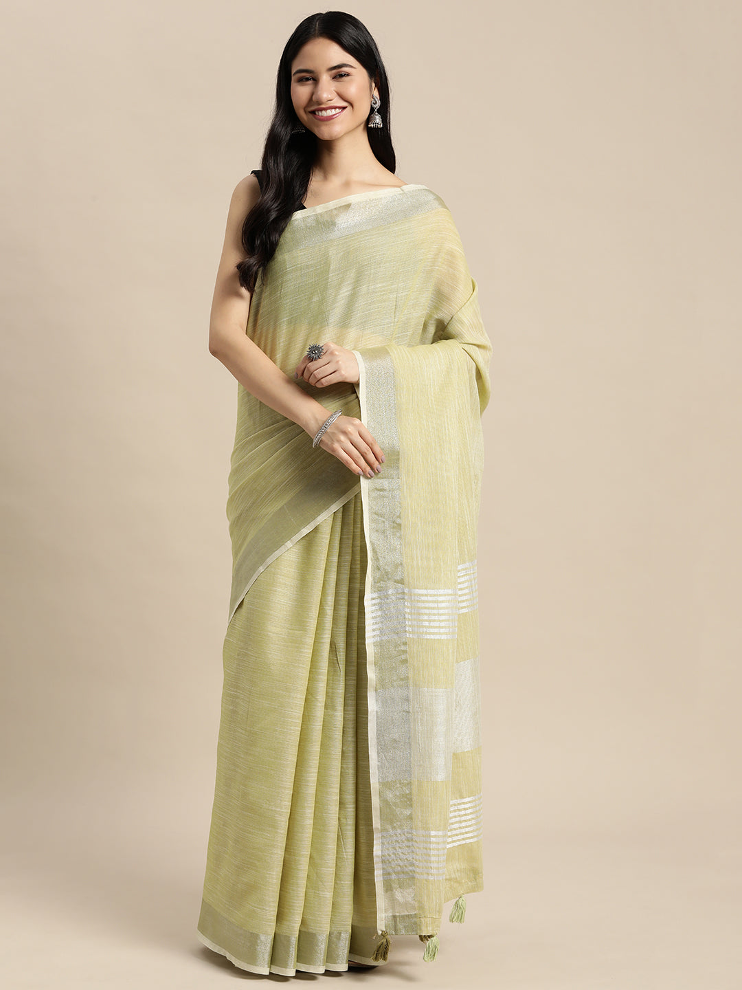 Astita Elegant Mehndi Woven Linen Saree with Contrast Zari Border & Tassels - Soft & Breathable Party Wear - Distacart
