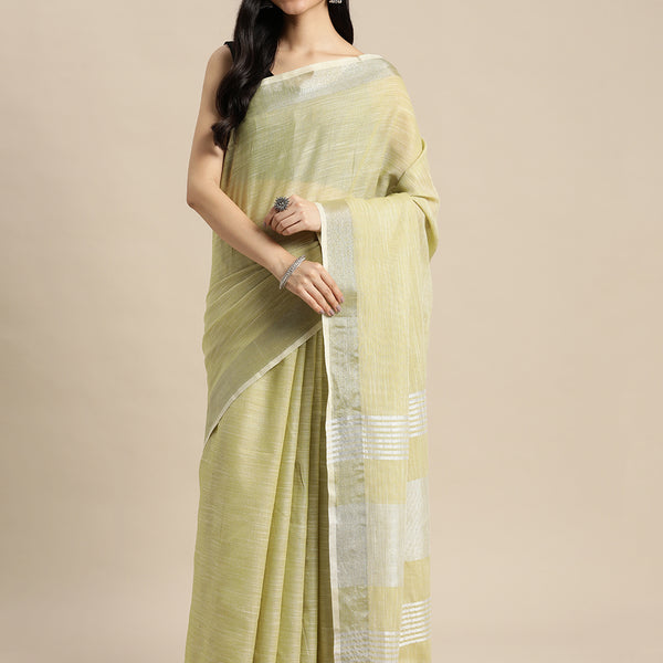 Shree Shyam Fashion Elegant Mehndi Woven Linen Saree with Contrast Zari Border & Tassels - Soft & Breathable Party Wear - Distacart