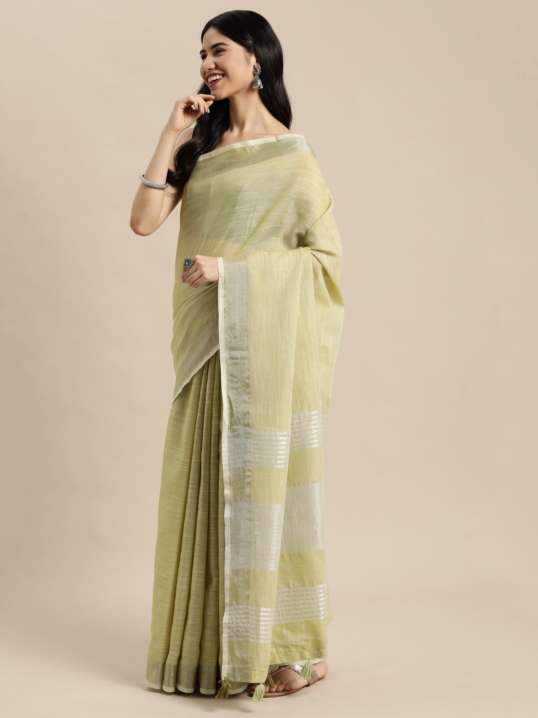 Astita Elegant Mehndi Woven Linen Saree with Contrast Zari Border & Tassels - Soft & Breathable Party Wear - Distacart