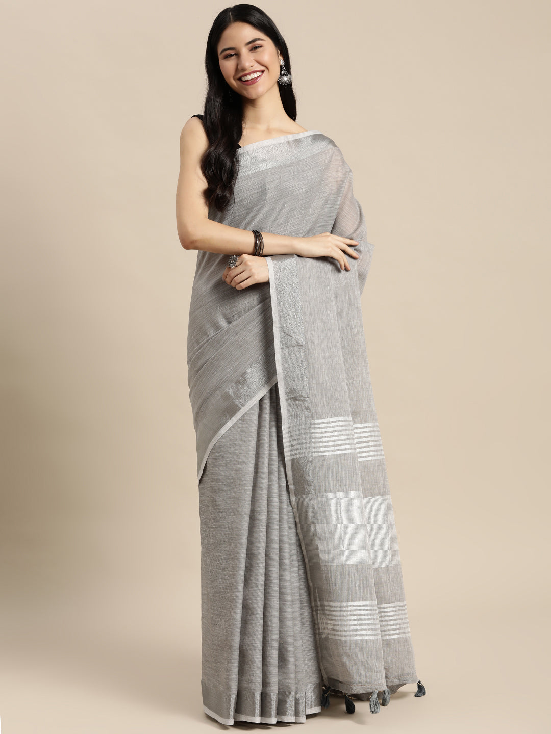 Astita Elegant Grey Woven Linen Saree with Contrast Zari Border & Tassels - Soft & Breathable Party Wear - Distacart