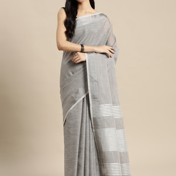 Shree Shyam Fashion Elegant Grey Woven Linen Saree with Contrast Zari Border & Tassels - Soft & Breathable Party Wear - Distacart