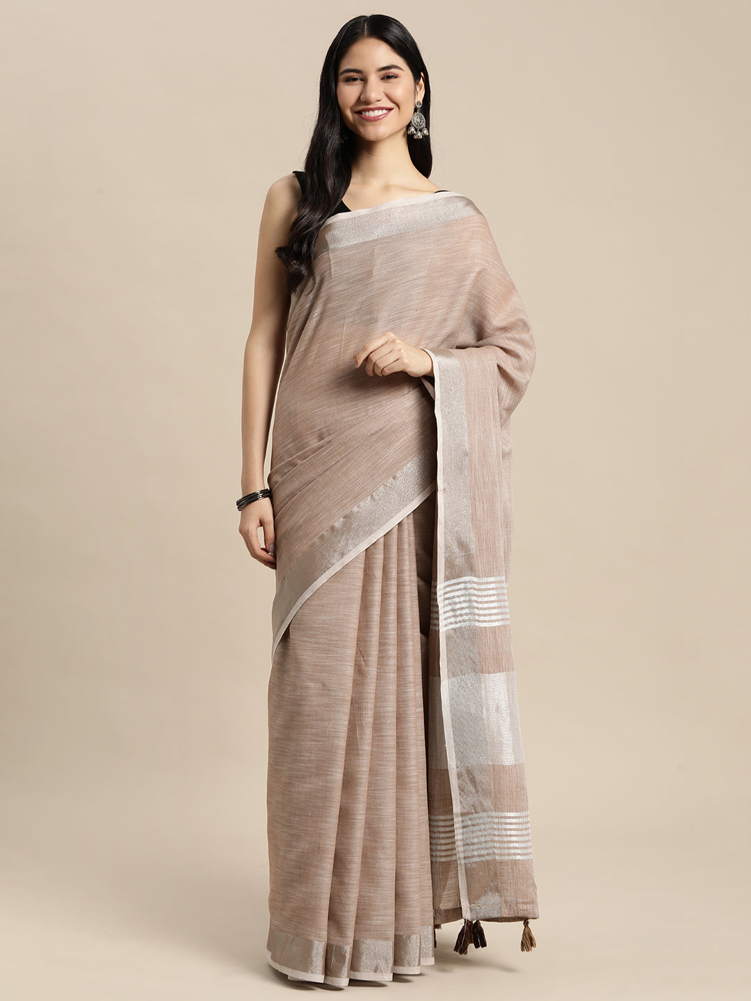 Astita Elegant Brown Woven Linen Saree with Contrast Zari Border & Tassels - Soft & Breathable Party Wear - Distacart
