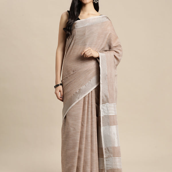Shree Shyam Fashion Elegant Brown Woven Linen Saree with Contrast Zari Border & Tassels - Soft & Breathable Party Wear - Distacart